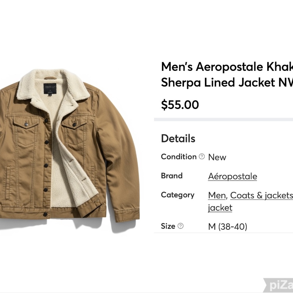 Aeropostale Men's Tan Sherpa Lined Jacket, NWT